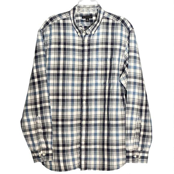 Banana Republic Classic Button Down Shirt XL Blue Plaid Linen Cotton Long Sleeve - Picture 1 of 9